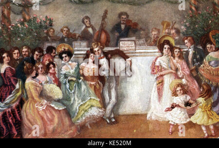 Johann Strauss  (I -father) playing and leading band  playing Waltzes . Children and adults dancing waltz. Austrian composer, conductor and violinist (1804-1849). Stock Photo
