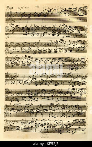 Johann Sebastian Bach 's handwritten manuscript score for his fugue in A flat from the second book of 'The 48'.  JSB, German composer: 21 March 1685 - 28 July 1750. Stock Photo