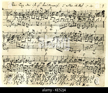 Johann Sebastian Bach 's handwritten manuscript score for the choral prelude 'Der Tag, der ist so freudenreich'. BWV 605. JSB, German composer: 21 March 1685 - 28 July 1750. Stock Photo
