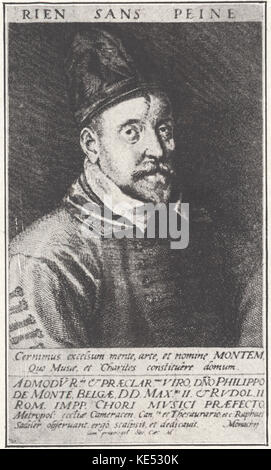 Philippe de Monte - portrait of the Flemish renaissance composer engraving by Raphael Sadeler. (Filippo de Monte) 1521 – July 4, 1603. Imperial chapel master under Maximilian II and Rudolf II, one of the most important composers of the a cappella age. Engraving. Stock Photo