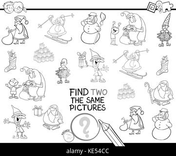 Black and White Cartoon Illustration of Finding Two Identical Pictures Educational Activity Game for Children with Christmas Holiday Characters Colori Stock Vector