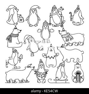 Vector set of different icons of polar bears and penguins Stock Vector