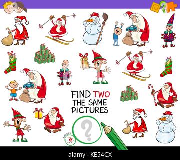 Cartoon Illustration of Finding Two Identical Pictures Educational Activity Game for Children with Christmas Holiday Characters Stock Vector