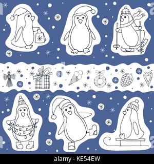 Vector set of penguin and christmas presents icons Stock Vector