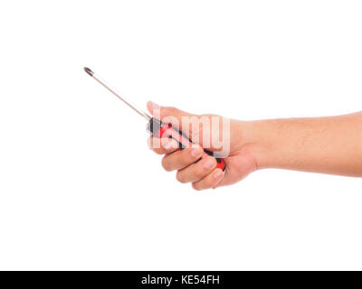hand holding red&black screwdriver isolated on white background Stock Photo