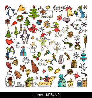 Set of colored doodles of merry christmas icons Stock Vector