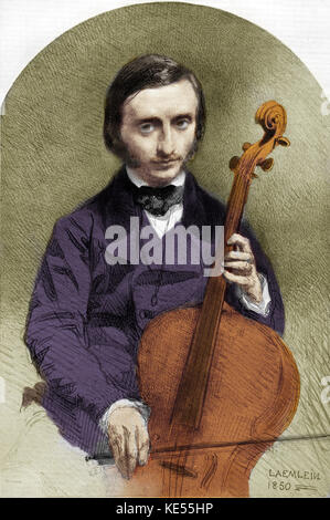 OFFENBACH, Jacques - age 31 by Laemlein 1850 - as a young man .   Playing cello.  German/French composer (1819-1880). Colourised version. Stock Photo