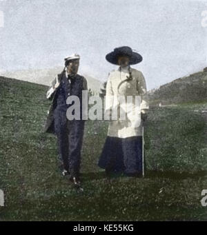 MAHLER, Gustav with his wife on their  way from Toblach to Altschluderbach, 1909. Austrian composer, 1860-1911 Reproduce small size only/contact Lebrecht. Colourised version. Stock Photo