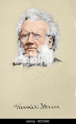 Henrik Ibsen - head with signature below.  Norwegian playwright. 1828-1906.  His works include:  Peer Gynt, Doll's House, Olav Liljekrans, The Vikings at Helgeland. Colourised version. Stock Photo