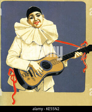 Pierrot playing the guitar. Cover of  Italian music magazine, ' Musica e Musicisti ' , the musical gazette of Milan, 1905.  Art nouveau style. Stock Photo