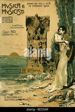 Couple by the seashore. Cover of  Italian music magazine, ' Musica e Musicisti ' , the musical gazette of Milan, 1904.  Art nouveau style. Stock Photo