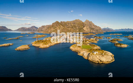 Henningsvaer fishing village on Lofoten islands from above Stock Photo