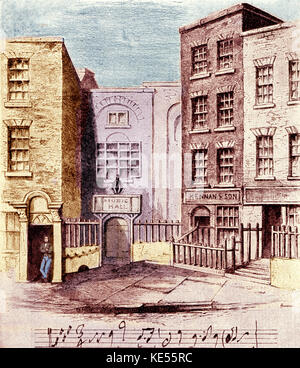 George Frideric Handel's 'Messiah' was first produced here in 1742, at Neal's Music Hall on Fishamble Street, Dublin. Drawing by F.W. Fairhold (1814-1866). German-English composer (1685 -1759 ). Colourised version. Stock Photo