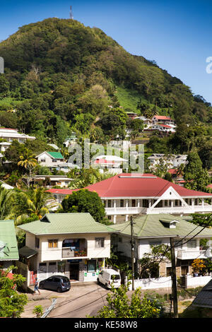 The Seychelles, Mahe, Victoria, Bel Air, suburban houses clmbing up hillside Stock Photo