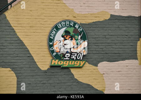 DMZ, SOUTH KOREA - SEPTEMBER 26, 2014: Sign of the North Korea army in the Joint Security Area (DMZ). Stock Photo