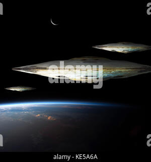 A fleet of massive spaceships known as motherships take position over Earth. Stock Photo