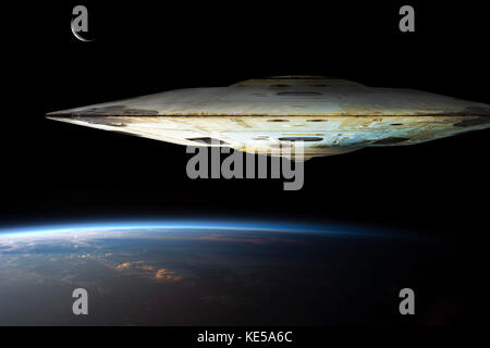 A massive spaceship known as mothership takes position over Earth for an invasion. Stock Photo