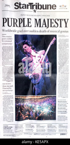 Front page announcement of Prince's death in the Minneapolis StarTribune on April 22, 2016  titled 'Purple Majesty' Minneapolis Minnesota MN USA Stock Photo