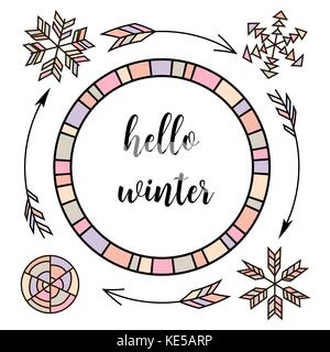 Hello winter. Retro vintage typographic color design elements. Arrows, Fir, christmas tree, mittens, ski, holly, calligraphy, ornaments Stock Vector