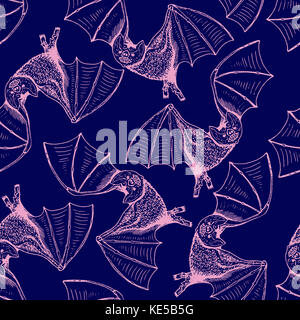 Bats, hand drawn doodle, sketch in pop art style, outline shape, seamless pattern design on dark blue background Stock Photo