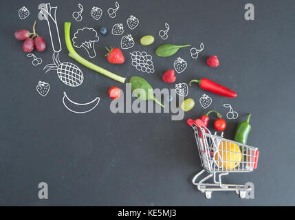 Grocery shopping cart filled with fruits and vegetables and sketches on a chalkboard Stock Photo