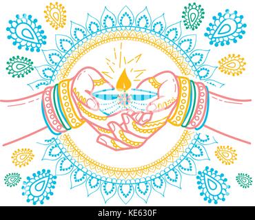 illustration in the form of a praying woman with a lamp and the energy emanating from her. Illustration of Indian holiday, wedding in the linear style Stock Vector
