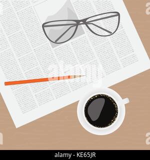 Newspaper glasses cup of coffee on a wooden table Stock Vector