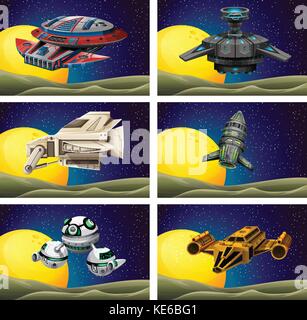 Different design of spaceship in the space illustration Stock Vector