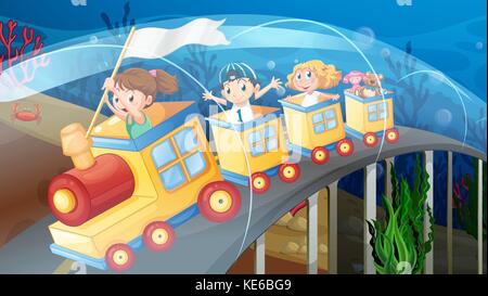 Children riding on train in the tunnel illustration Stock Vector