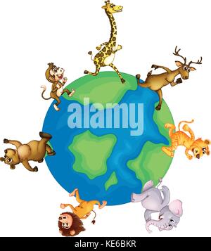 Wild animals running around the earth illustration Stock Vector