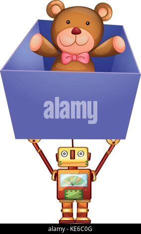 Robot holding box with teddy bear inside illustration Stock Vector