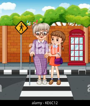 Grandmother and kid crossing the road illustration Stock Vector Image ...