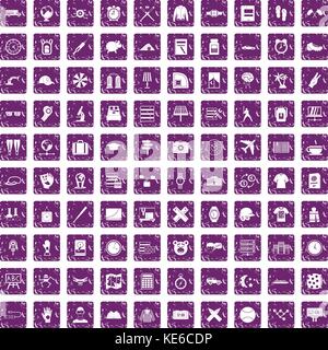 100 time icons set grunge purple Stock Vector
