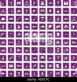 100 tools icons set grunge purple Stock Vector