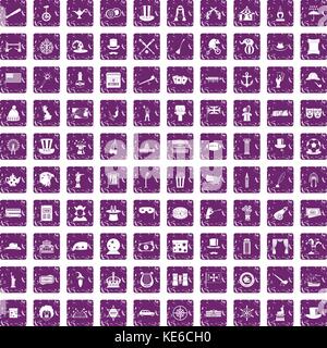 100 top hat icons set grunge purple Stock Vector