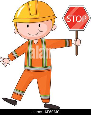 Construction worker holding stop sign illustration Stock Vector