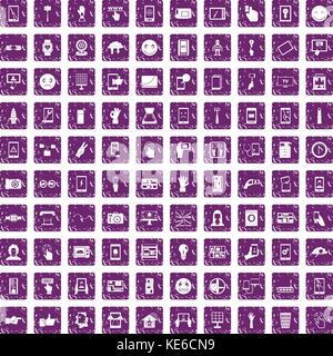 100 touch screen icons set grunge purple Stock Vector