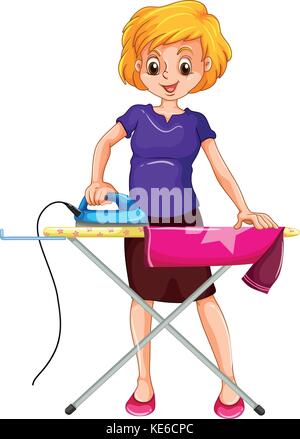 Woman ironing clothes on the ironing board illustration Stock Vector