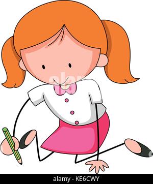 Cute girl in pink skirt sitting and holding a pencil 	 Stock Vector
