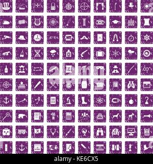 100 binoculars icons set grunge purple Stock Vector