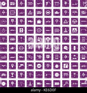 100 traffic icons set grunge purple Stock Vector