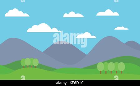 Cartoon colorful vector flat illustration of mountain landscape with meadow and trees under blue sky with clouds Stock Vector