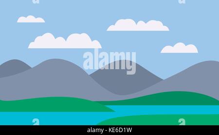 Cartoon colorful vector flat illustration of mountain landscape with meadow and lake under blue sky with clouds Stock Vector