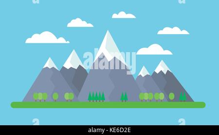 Flat design illustration of mountains on meadow with trees on foreground under blue sky with clouds - vector Stock Vector