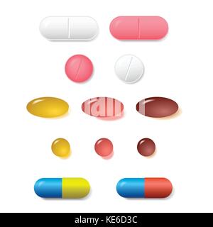 Set of various vector pills and tablets of different colors isolated on white background Stock Vector