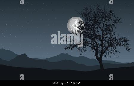 Vector illustration of a panoramic night mountain landscape with tree, under the sky with moon and stars with space for text Stock Vector