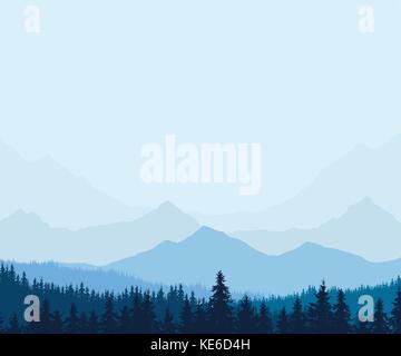 Panoramic view of winter mountain landscape with forest and with space for text, vector illustration Stock Vector