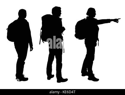 Set of realistic vector silhouettes of tourist man and woman with backpack isolated on white background Stock Vector