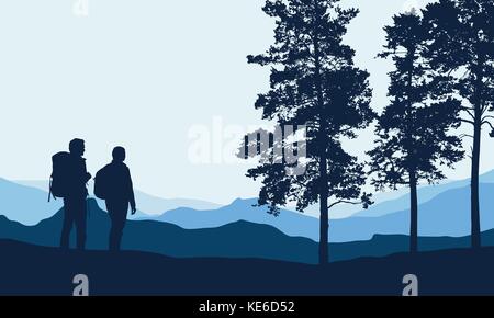 Vector illustration of a mountain landscape with trees and a human being photographed under a blue-gray sky with space for text Stock Vector