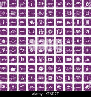 100 travel icons set grunge purple Stock Vector